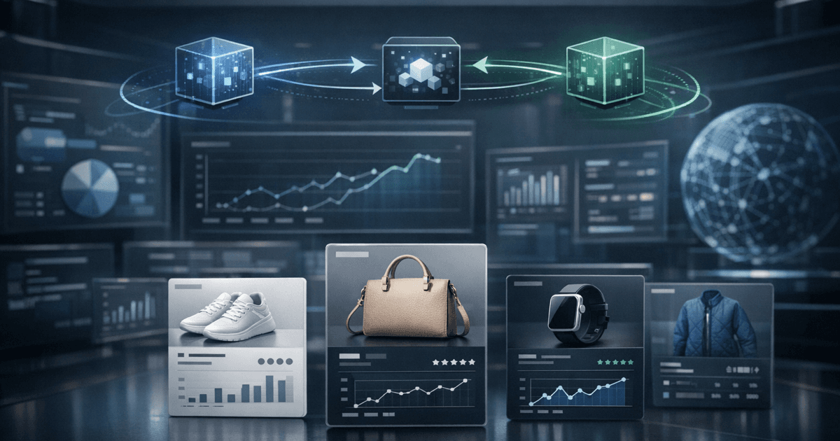 Abstract storefront data grid with AI nodes switching models