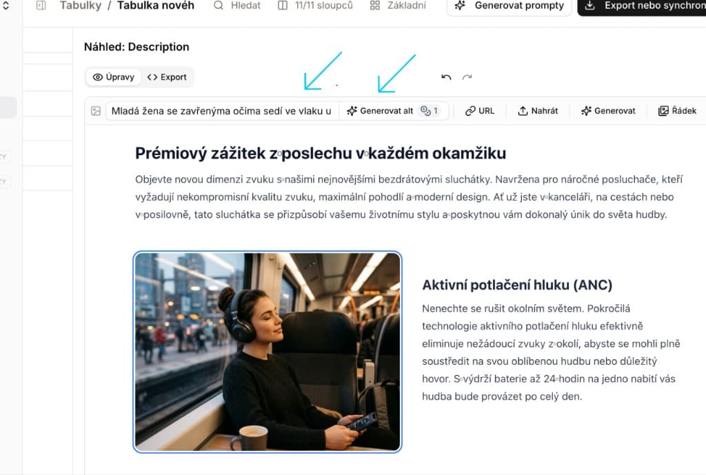Editor formátovaného textu s vygenerovaným alt textem u nahraného obrázku