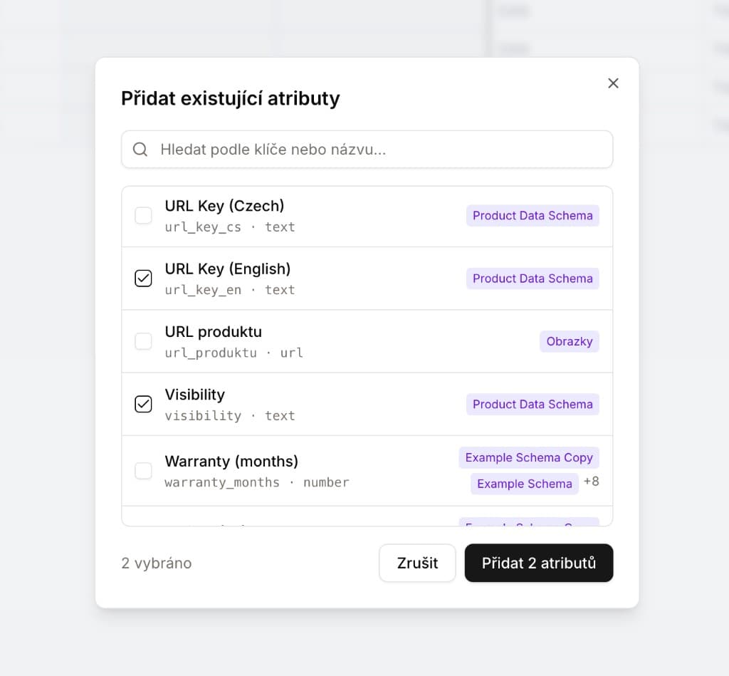 Dialog pro přidání existujících atributů s přehledem použití ve schématech