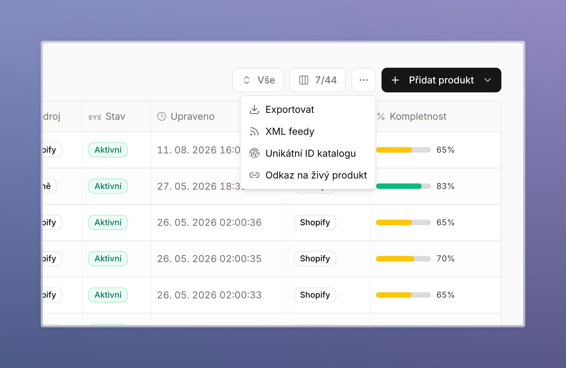 Menu pod tlačítkem tří teček v katalogu s odkazem na živý produkt a unikátním ID katalogu