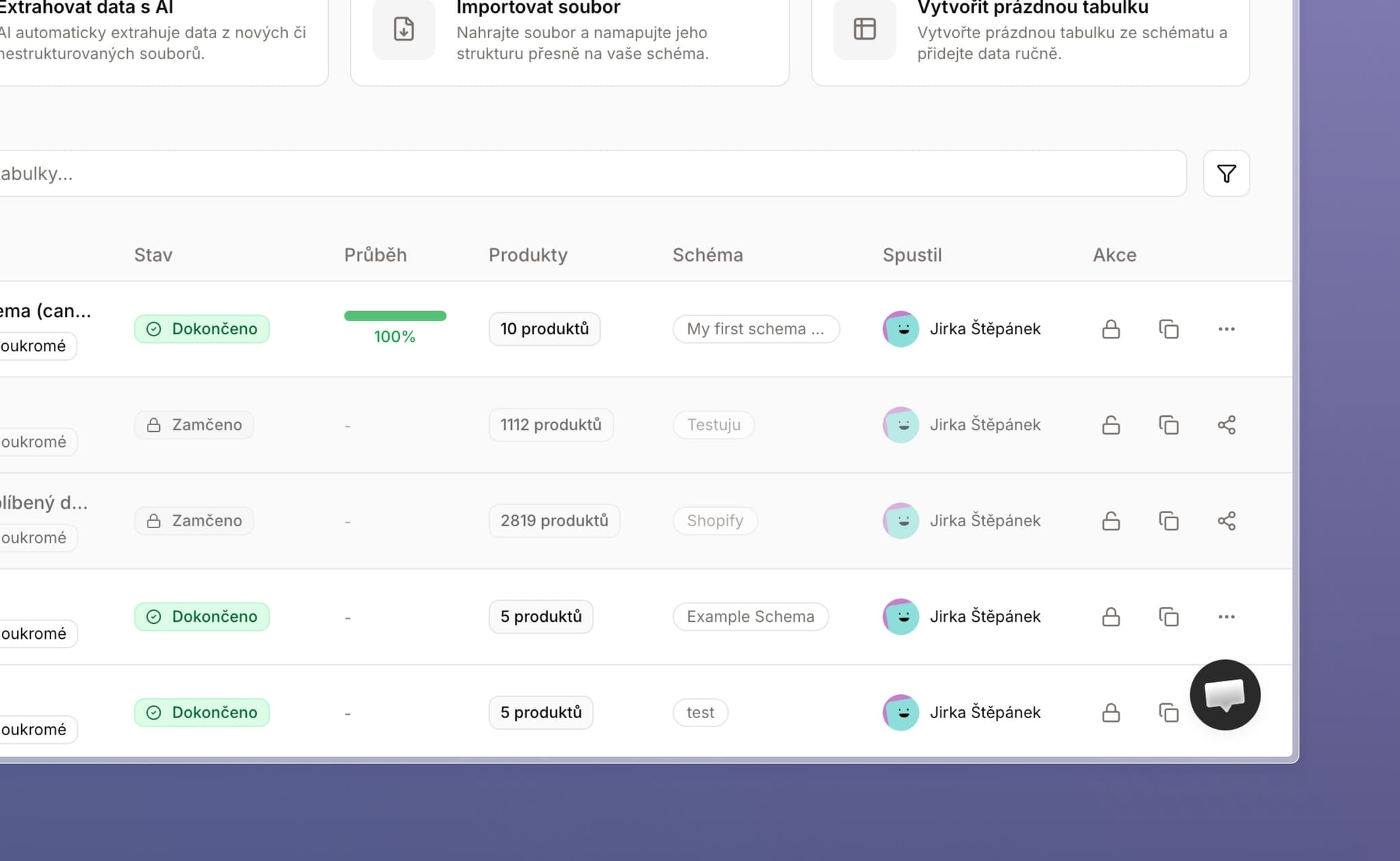 Přehled zalistování produktů se zamčenými i dokončenými tabulkami vedle sebe