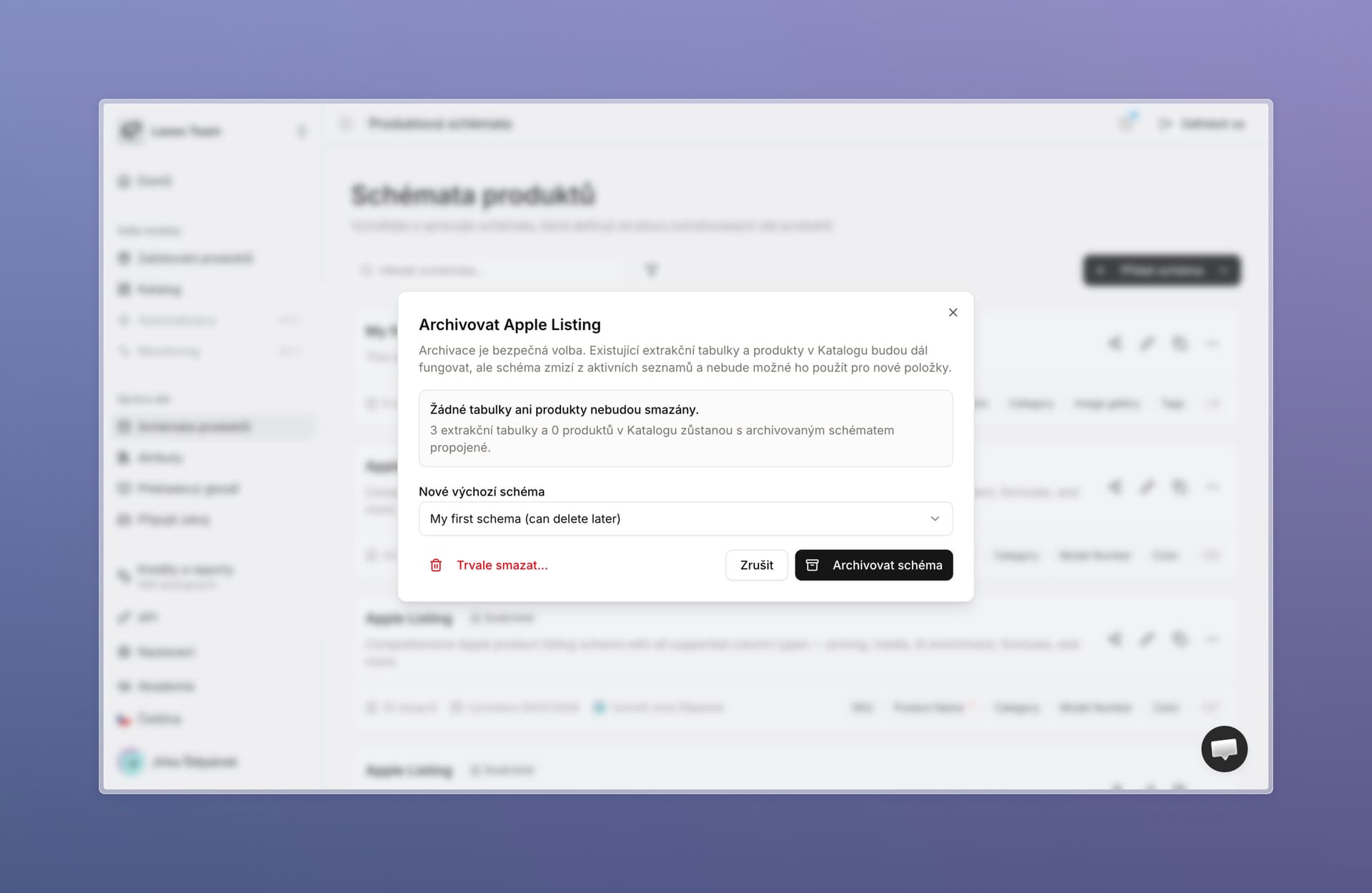 Archivace schématu bez smazání navázaných tabulek a produktů