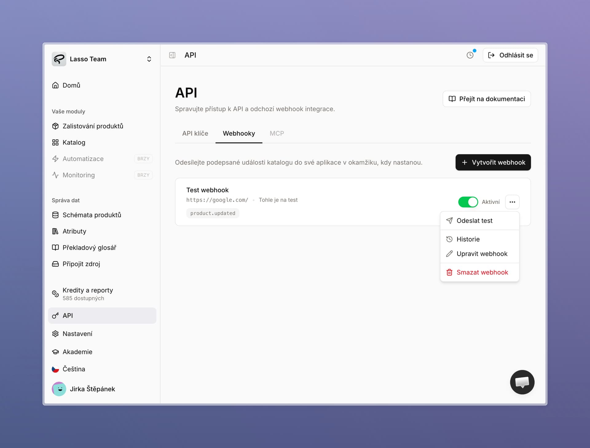 Sekce Webhooky v API s testem, historií a správou webhooku