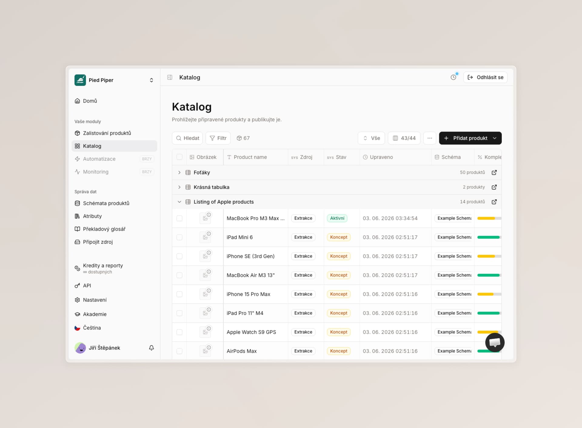 Catalog in the new mode, products grouped by source table