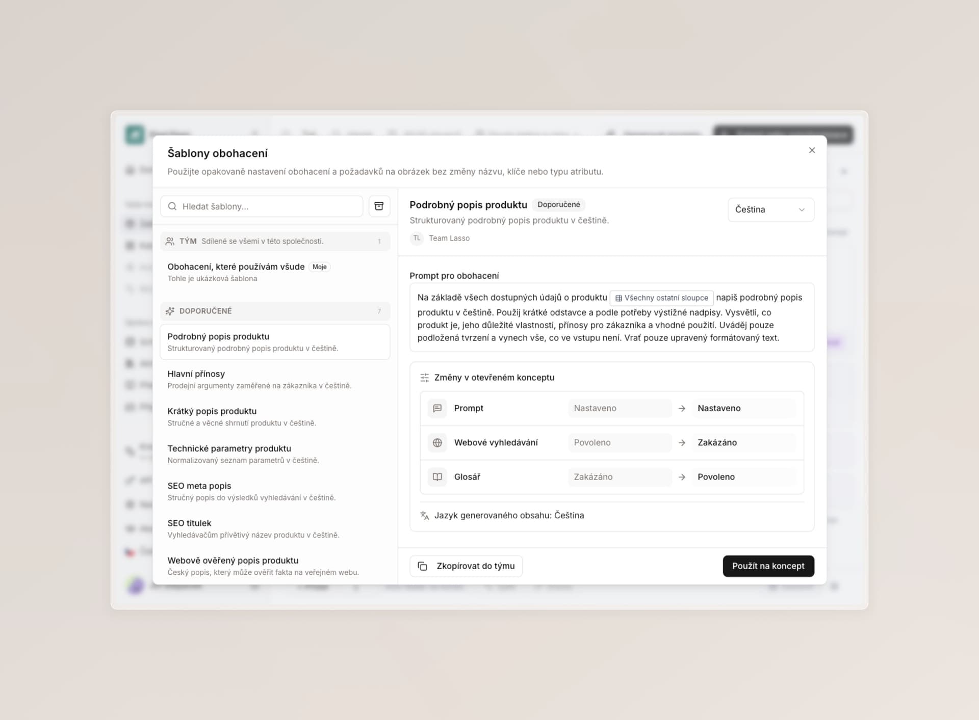 Přehled šablon v novém rozložení s ukázkou a sekcí Doporučené