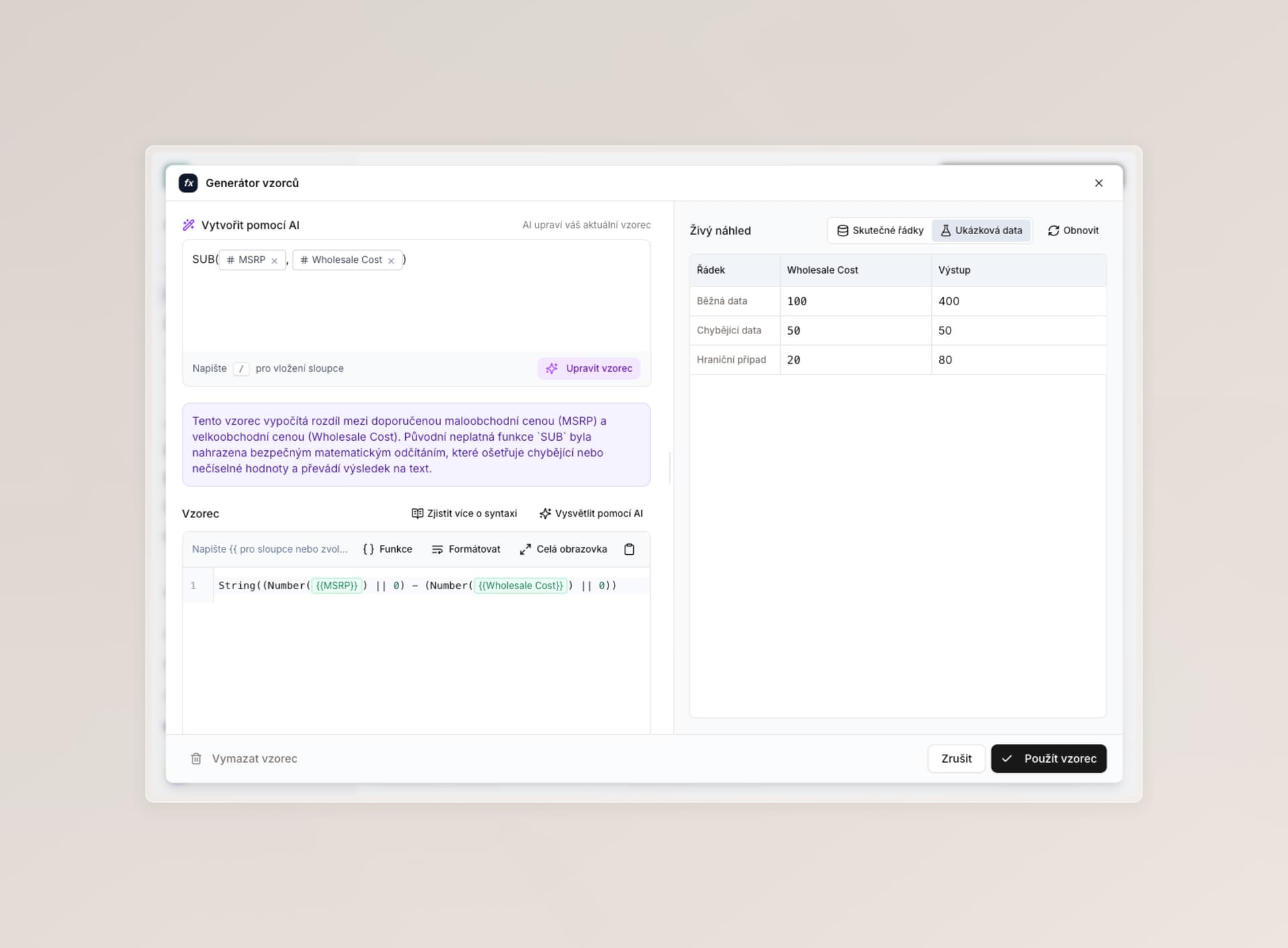 Expanded formula editor with a preview on sample data