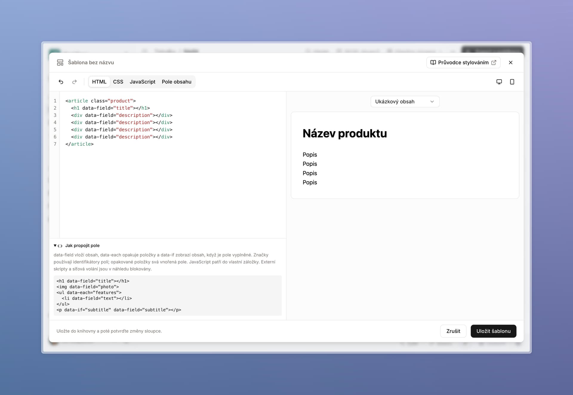 Editor HTML obsahové šablony s kódem a náhledem produktu