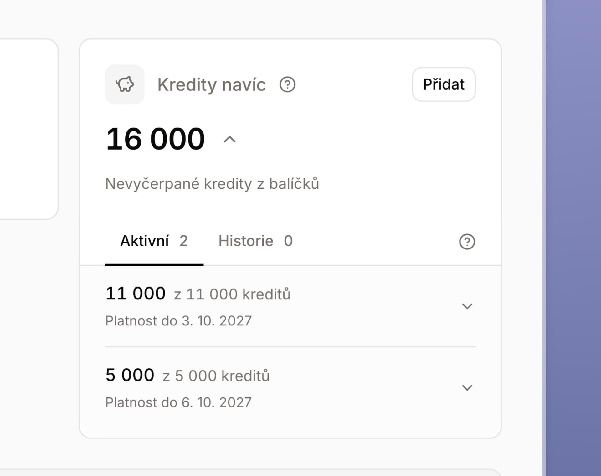 Přehled kreditů navíc se zůstatkem, aktivními balíčky a jejich platností