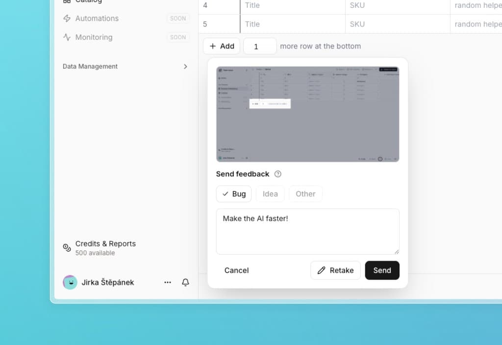 The Send feedback dialog with a screenshot, a type selector, and a message field