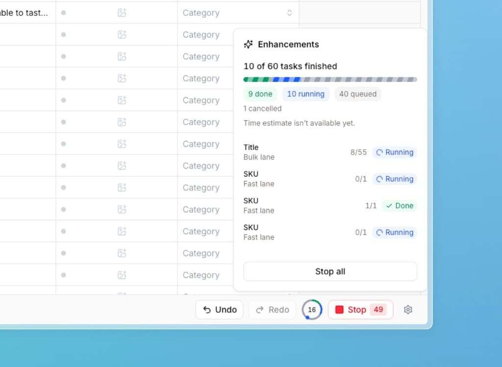 The new enrichment overview showing the progress of Fast lane and Bulk lane tasks