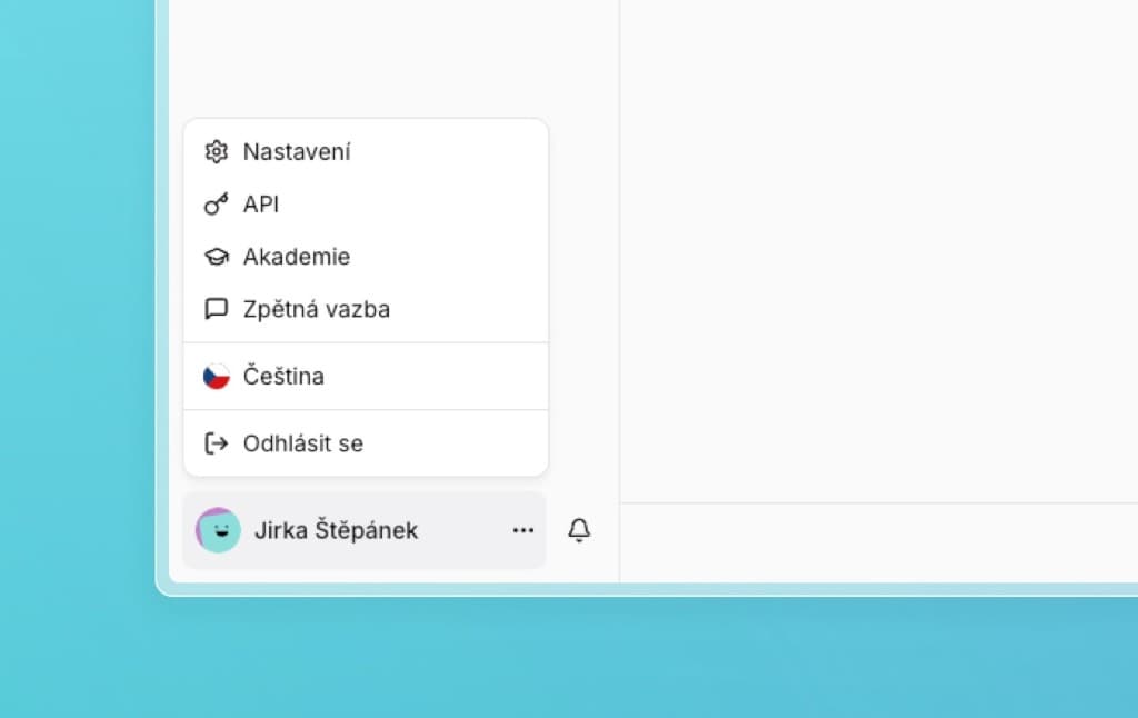 The dropdown menu under the profile photo in the left panel with Settings, API, Academy, and Feedback links