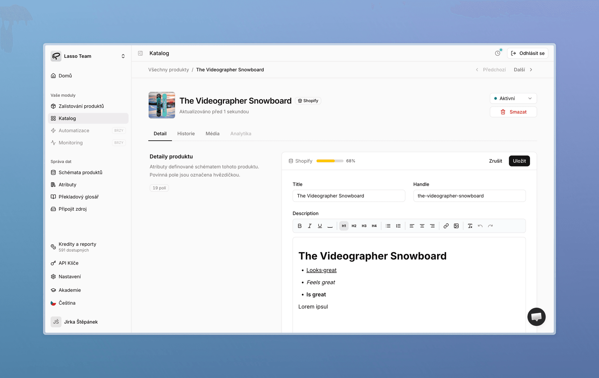 Nový detail produktu s editory a stavem synchronizace Shopify