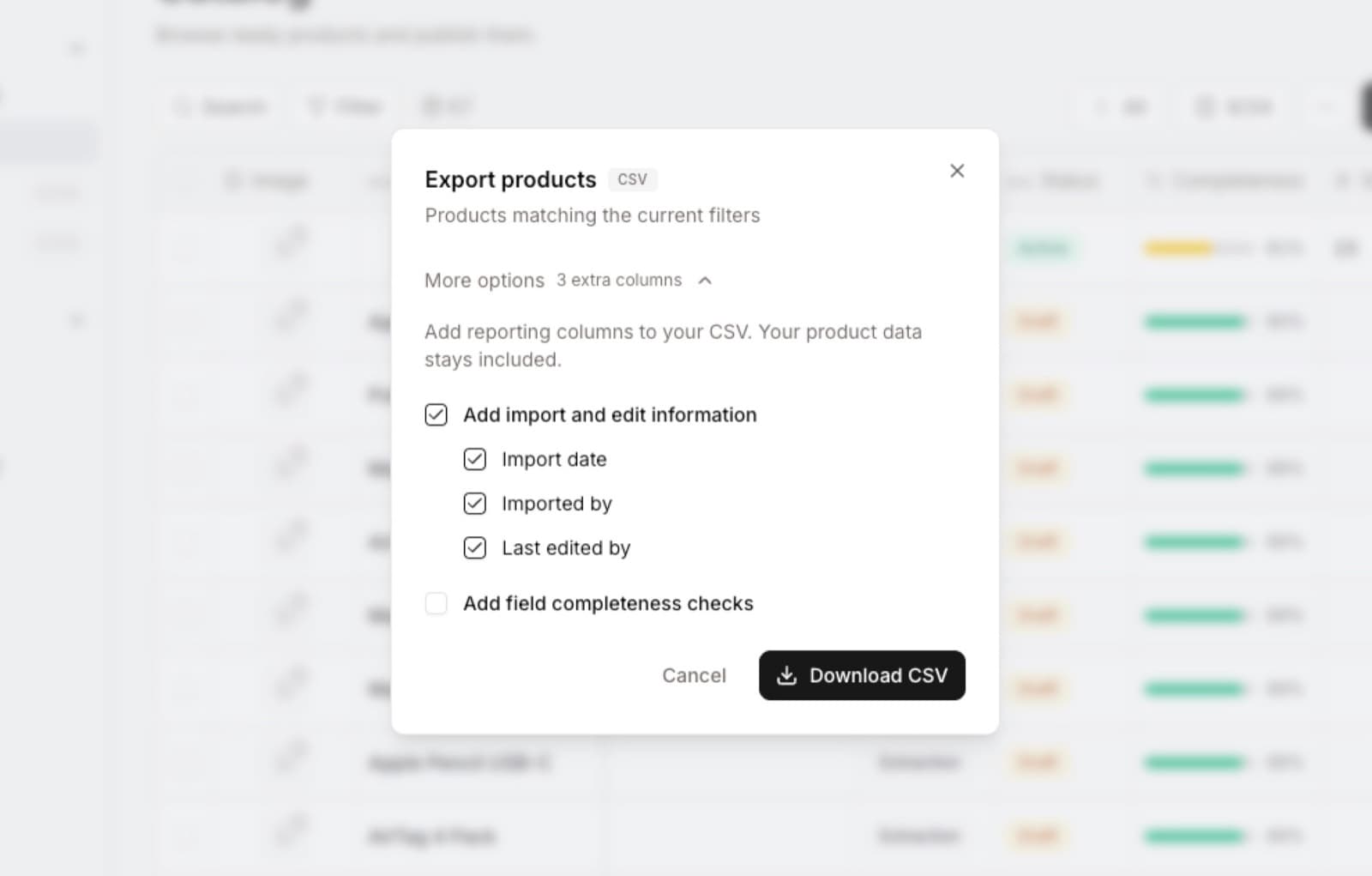 Exportní dialog s rozbalenými možnostmi a vybraným polem pro kontrolu vyplněnosti