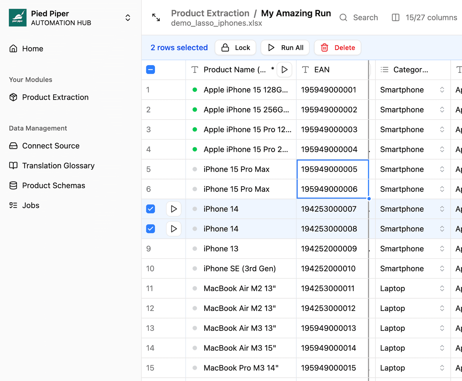 Smart workspace showing Excel-like product data editor with real-time collaboration