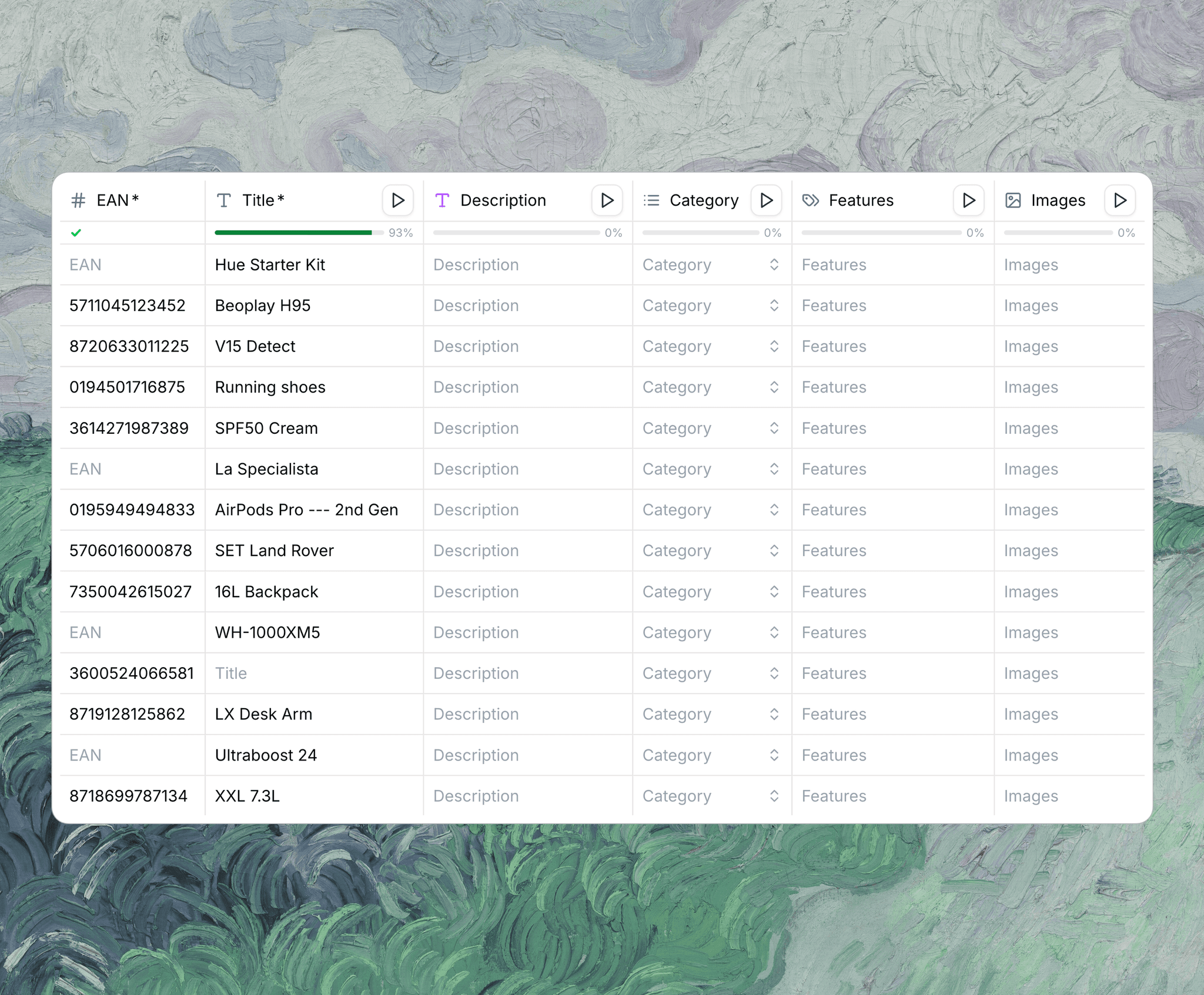 Product data before AI enrichment